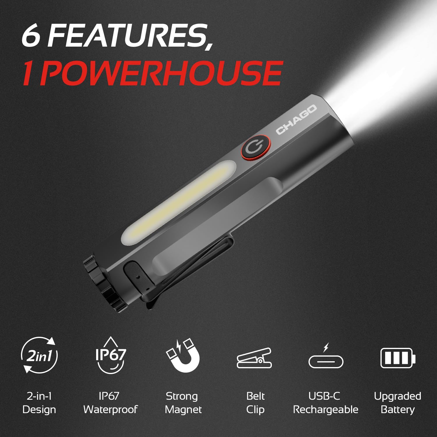 CTR CHAGO - Torcia tascabile a LED, ricaricabile, magnetica, con doppia sorgente luminosa e modalità a doppio fascio, USB-C, clip da cintura, torcia compatta EDC per meccanica, riparazione auto