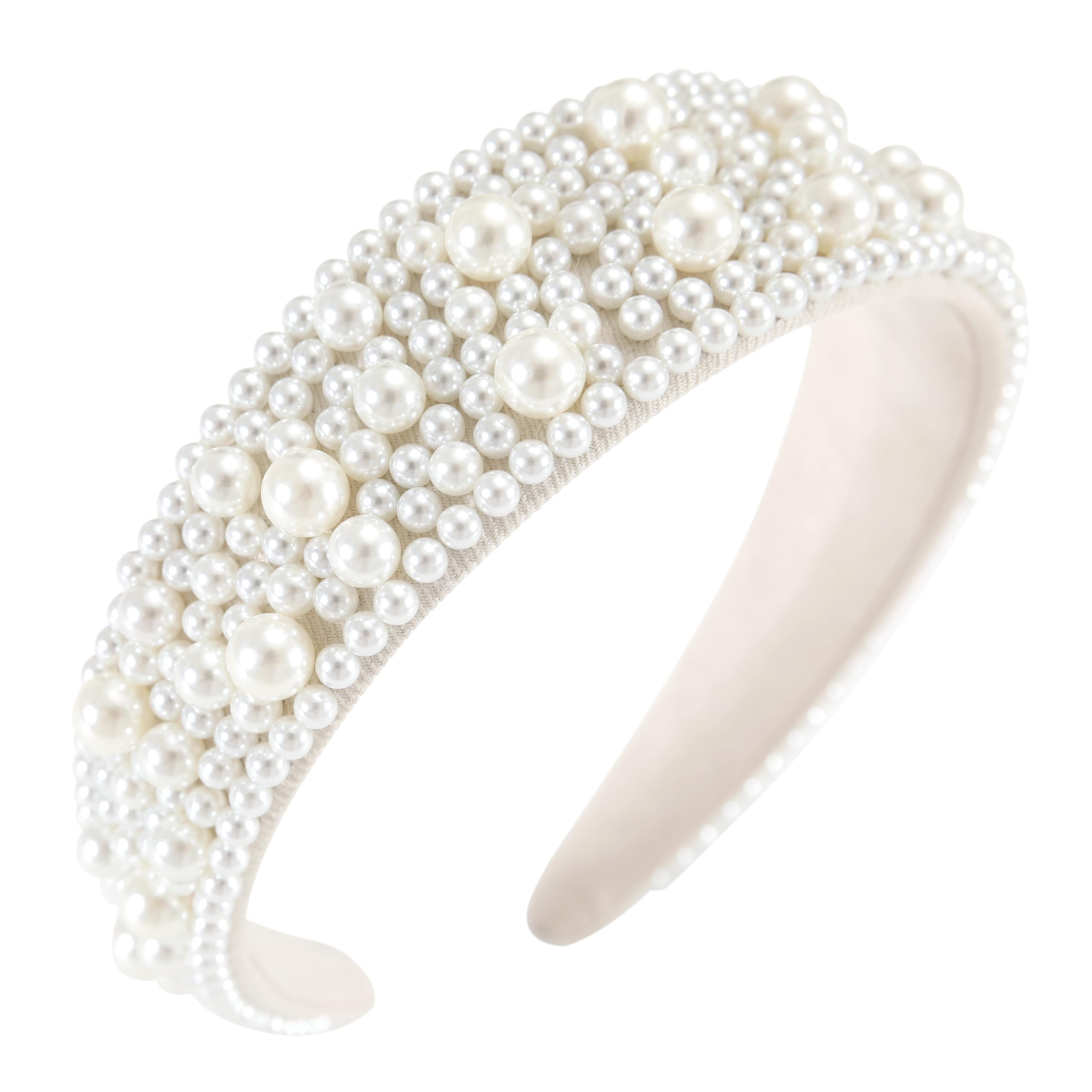 Gmmidea Wide Pearl Headbands for Women Little Girls Beaded Padded Headband Fashion Elegant Bridal Headband Holiday Decorative Hairband Cute Hair Accessories C-White