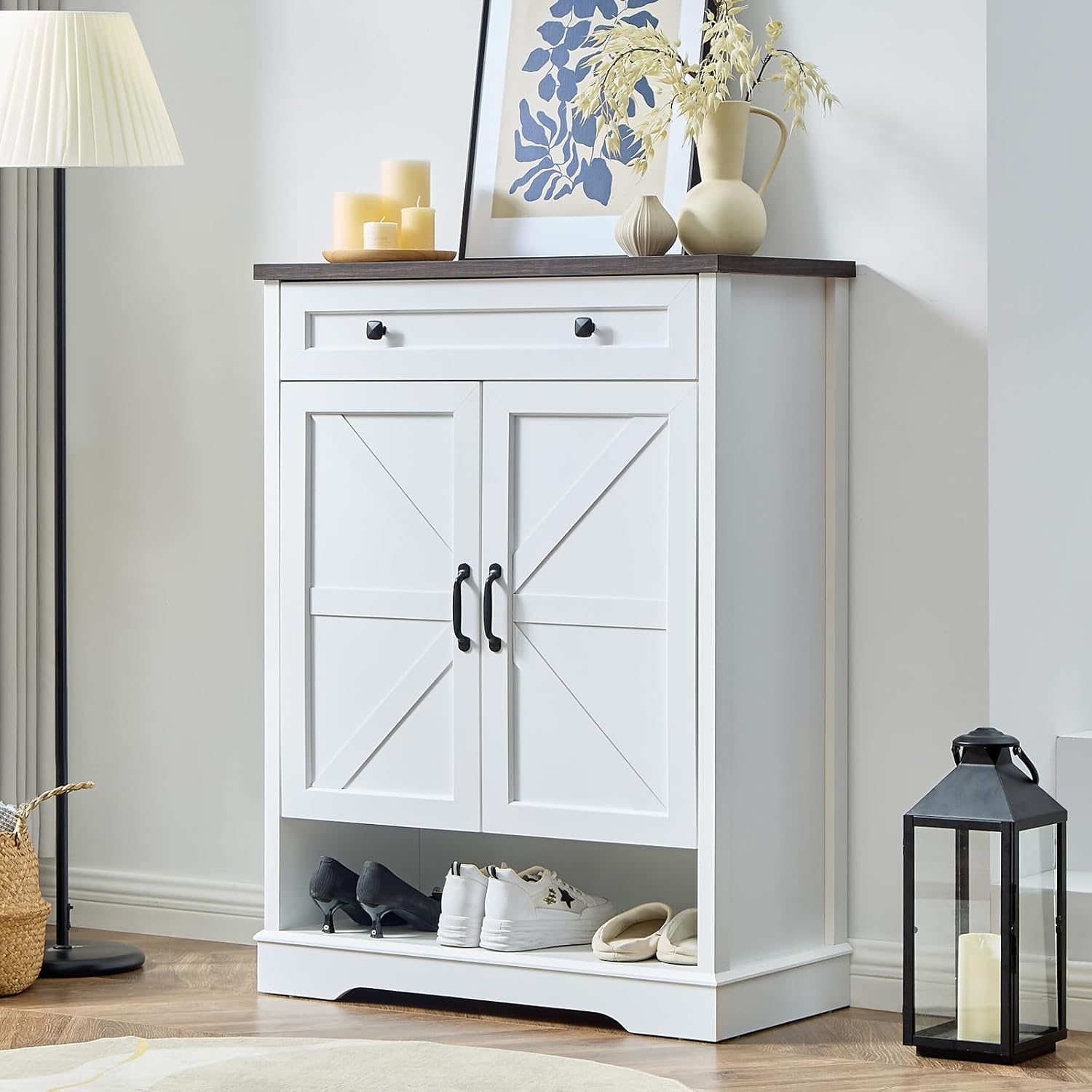 SOOWERY Shoe Cabinet with Drawer, Farmhouse Shoe Storage Cabinet with Doors, 5 Tiers Narrow Shoe Organizer for Entryway, Foyer, Hallway, Dark Cherry