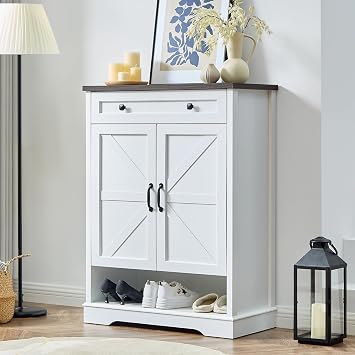 SOOWERY Shoe Cabinet with Drawer, Farmhouse Shoe Storage Cabinet with Doors, 5 Tiers Narrow Shoe Organizer for Entryway, Foyer, Hallway, White