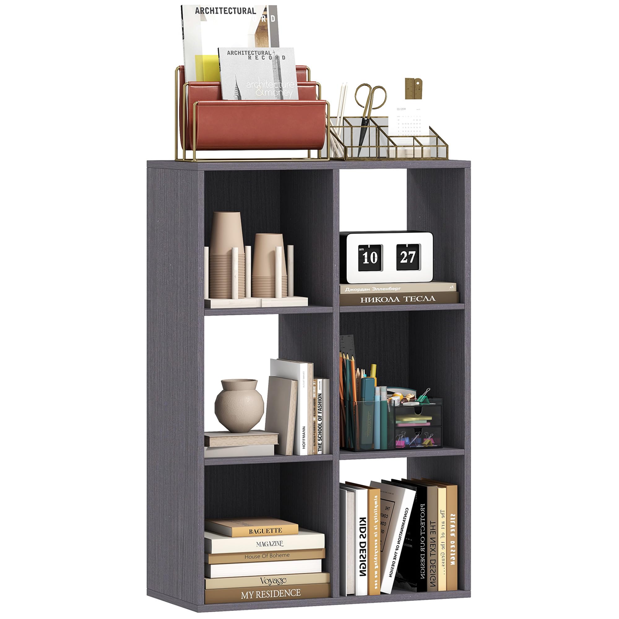 HOMCOM 6-Cube Bookshelf 3-Tier Bookcase Grey