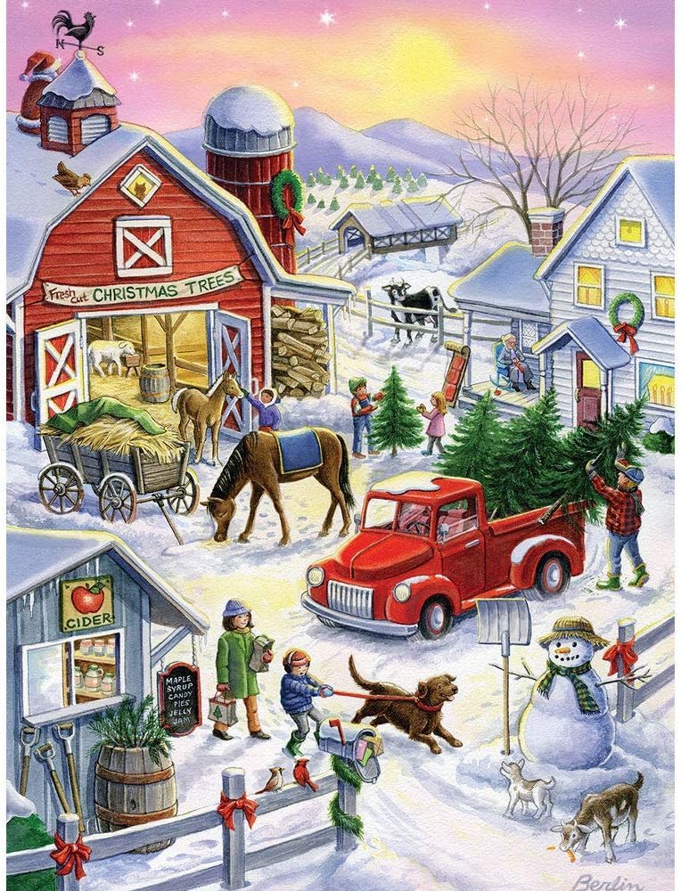 Bits and Pieces - 500 Piece Jigsaw Puzzle for Adults - Christmas Tree Farm Fun - Dog Snowman Dog Winter Holiday Country Barn Jigsaw Puzzle by Artist Rose Mary Berlin, Completed Puzzle Size: 18" x 24"