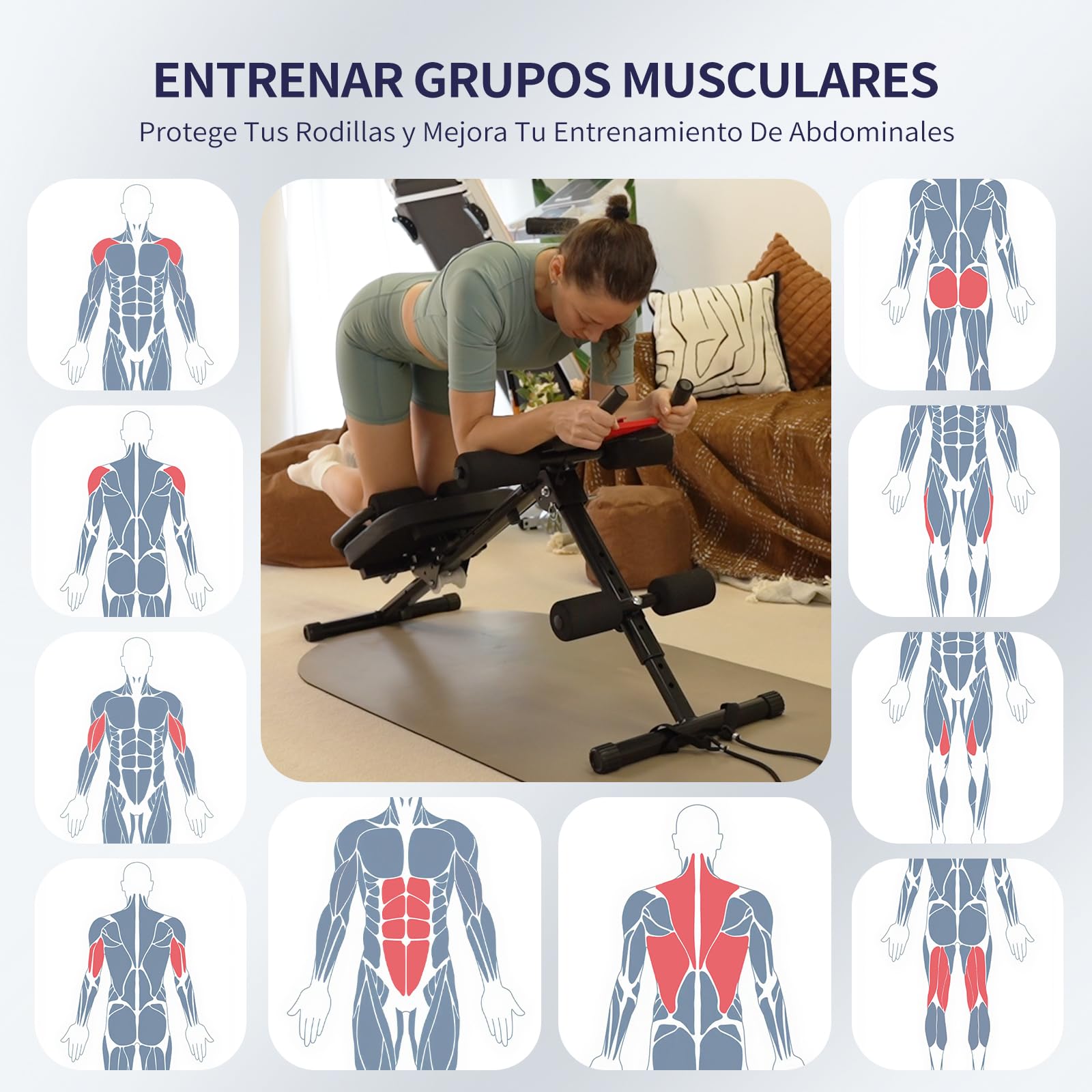 Entrenador Abdominal Multifuncional Plegable con Pantalla LCD, Cojín Acolchado Extra Grueso, Empuñaduras Antideslizantes de Espuma, para Ejercicios de Abdominales y Bíceps en Casa