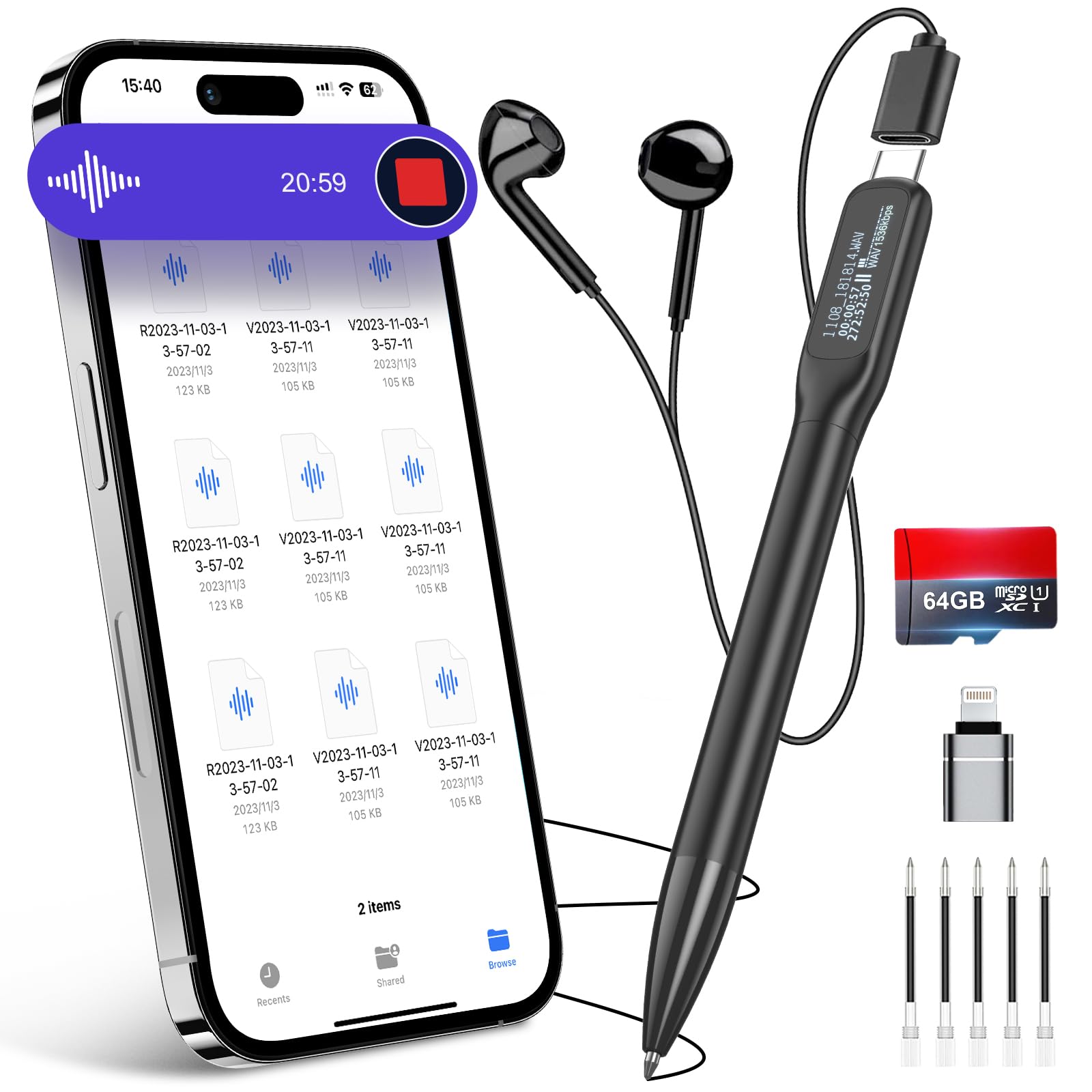 Coptdyy Digital Voice Recorder with Playback & Real-Time LED Screen - 64GB Recording Device with AI Noise Reduction, OTG Transfer Audio Recorder for Business/Education/Interviews
