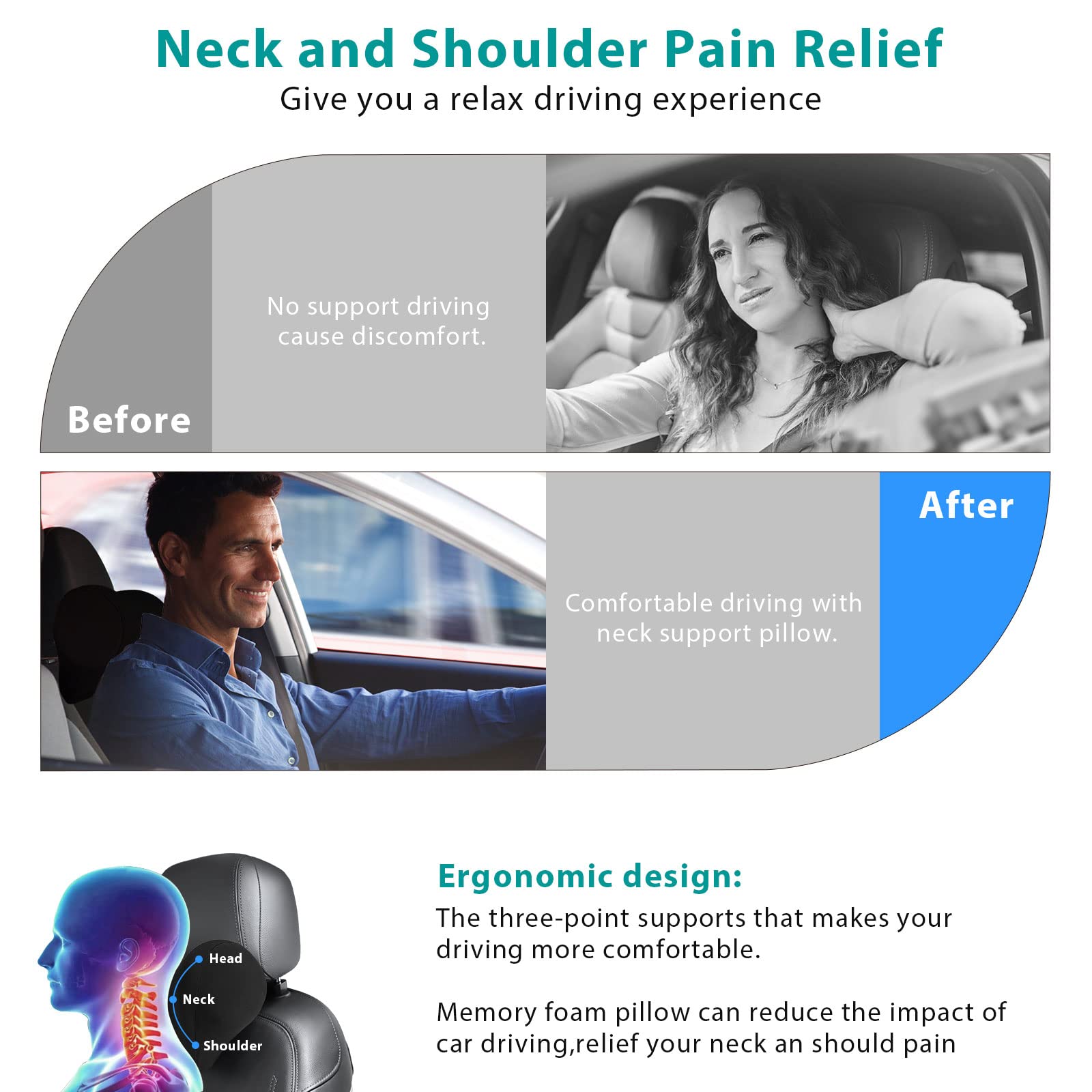 Almohada para el cuello del coche, almohada para reposacabezas de coche, ajustable en 5 direcciones, almohada de apoyo para el cuello para asiento del conductor, cojín de apoyo cervical de espuma