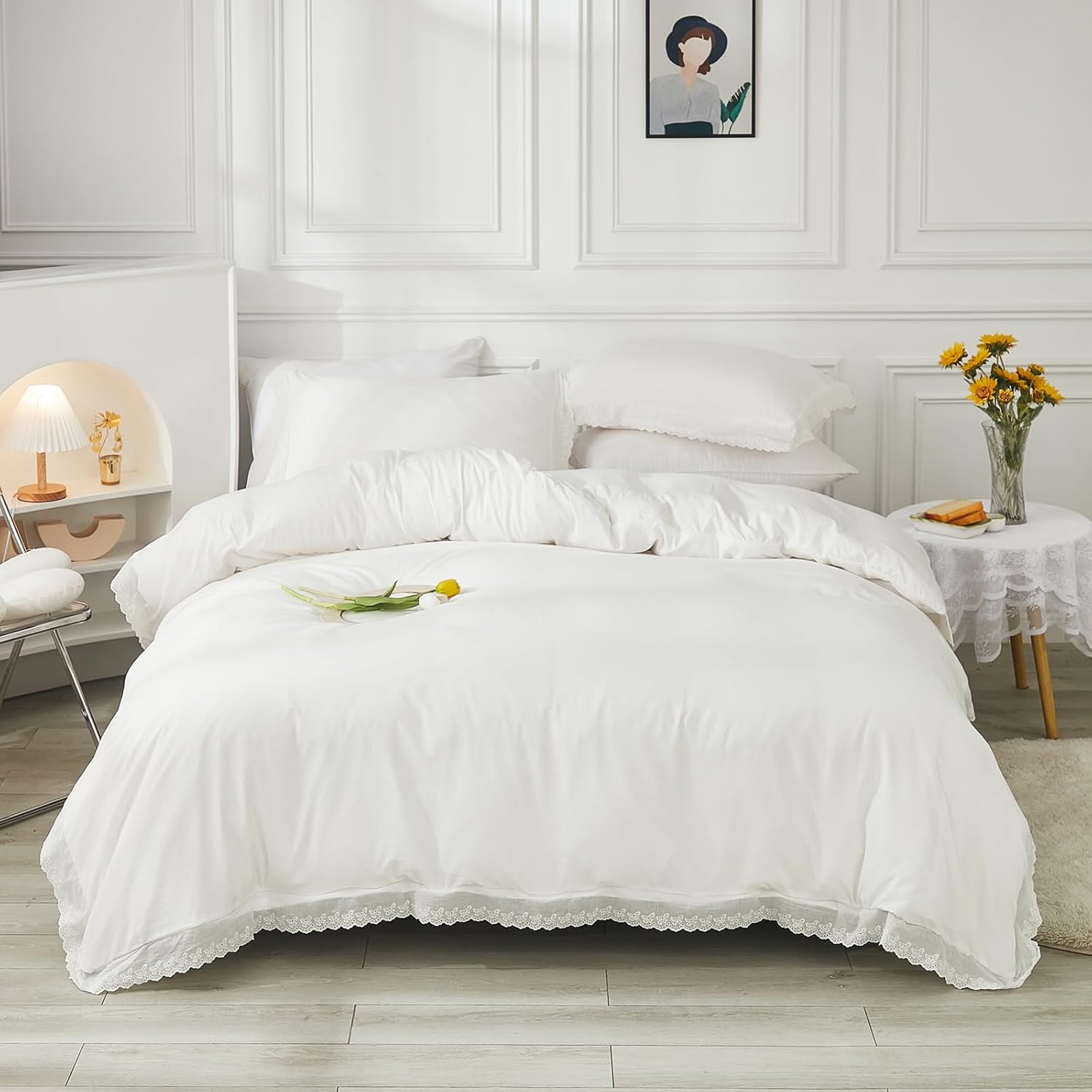 White Ruffle Duvet Cover Set King Size Boho Bedding Set 3 Pcs Vintage