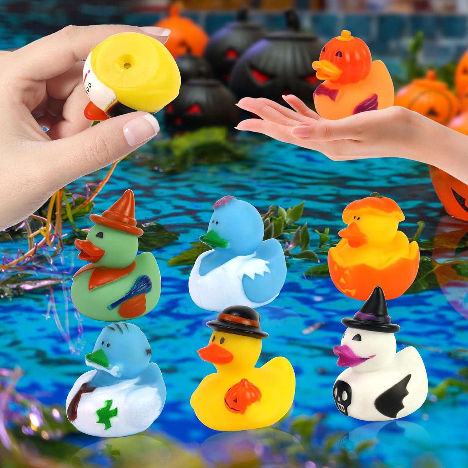50 Pcs Halloween Rubber Ducks, Halloween Ducks for Jeeps Ducking, Random Assortment Mini Rubber Duckie Toys for Kids Baby Bath Shower Toys Trick or Treat Fillers, Gift Exchange