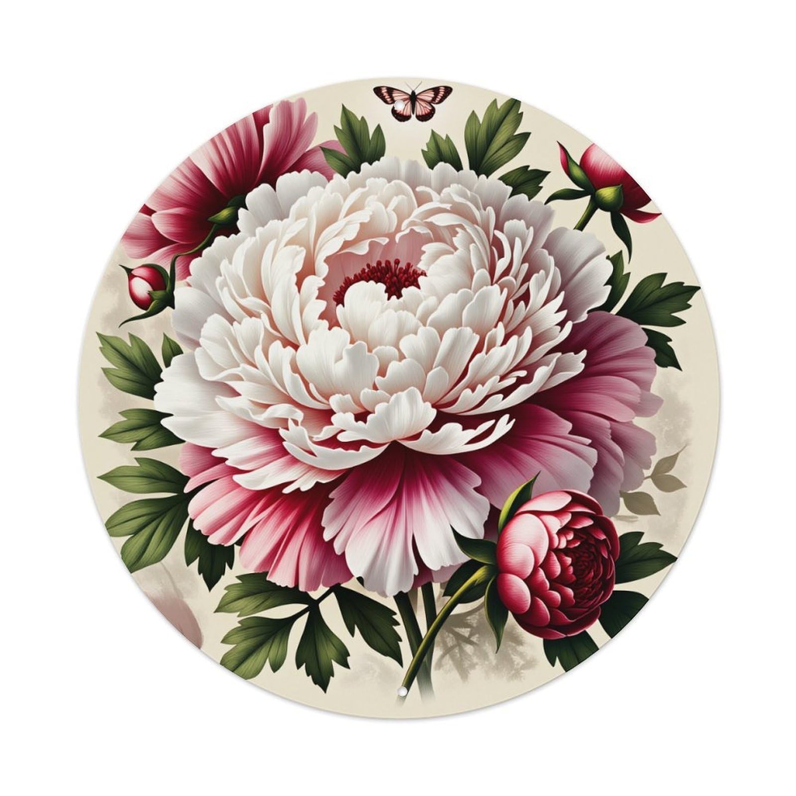 Peony Floral Arrangement With Butterfly Round Tin Sign Vintage Style Metal Sign Home Bar Garden Wall Plaque Decor Metal Poster 8x8 Inch