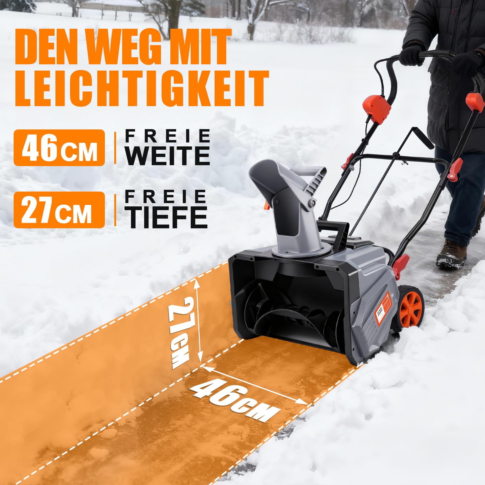 Akku-Schneefräse 40V | Brushless Motor 6000RPM | 46cm Arbeitsbreite | max. 27 cm Schneehöhe | 6m Wurfweite | 180° drehbarer Auswurfkanal inkl. 2x4Ah Akkus & Ladegerät