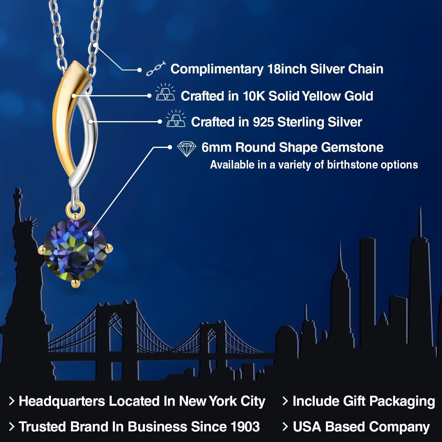 Gem Stone King 925 Silver and 10K Yellow Gold Blue Mystic Topaz Pendant Necklace for Women | 1.00 Cttw | Gemstone November Birthstone | Round 6MM | With 18 Inch Silver Chain - Image 2