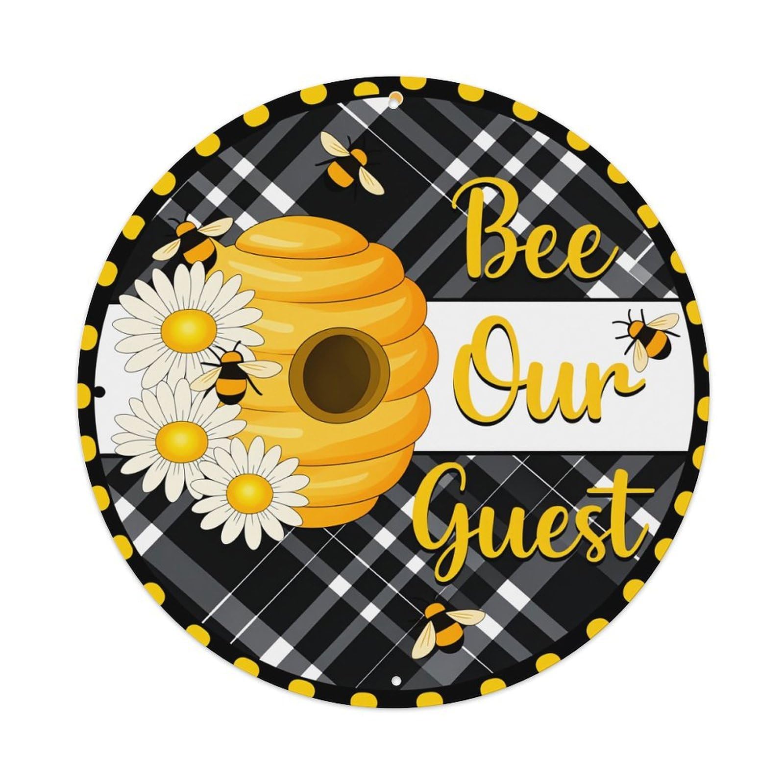 Bee Hive Daisies Plaid Bees Metal Tin Sign Vintage Garden Bedroom Cafe Bar Man Cave Home Wall Decor Metal Poster 8x8 inches