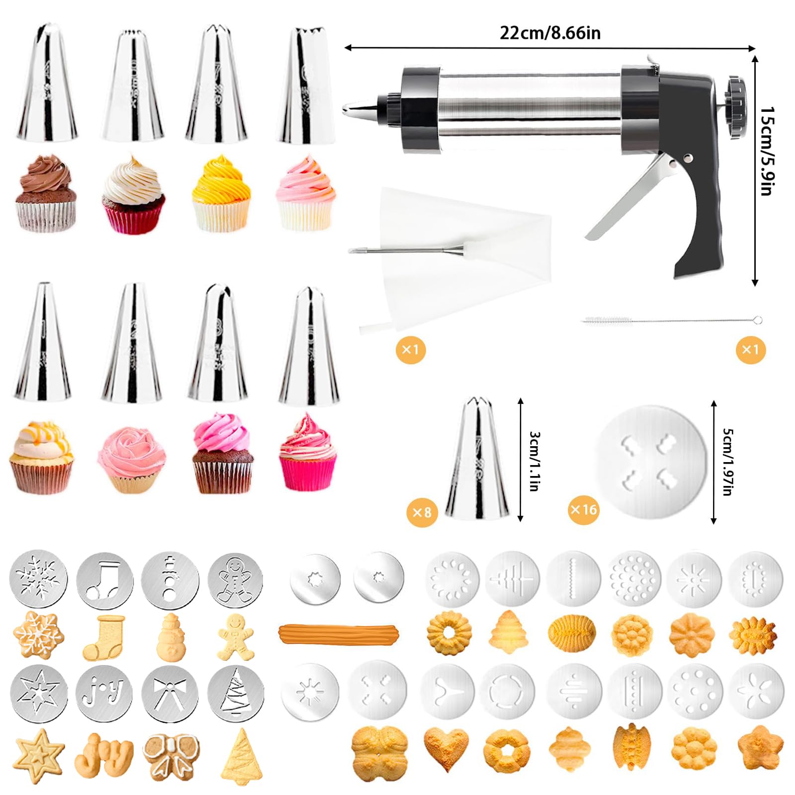 Pistolet à Patisserie, Professionnelle Pistolet a Douille Patisserie Aciers Inoxydables Machine à Biscuits avec 16 Gabarits, 8 Douilles, Sac à Cadre en TPU et Brosse de Nettoyage pour Gâteaux Biscuits