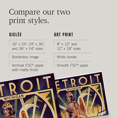 Miniatura 6 de Lantern Press Decoración de pared con impresión giclée de 24 x 36 pulgadas, Detroit, Michigan, Deco Woman and Car