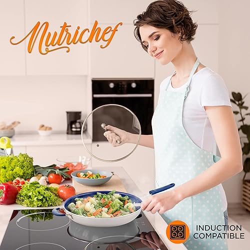 Miniatura 8 de NutriChef Sartén antiadherente extra grande de 14 pulgadas con mango de silicona, revestimiento de cerámica, mango de silicona azul, resistente a