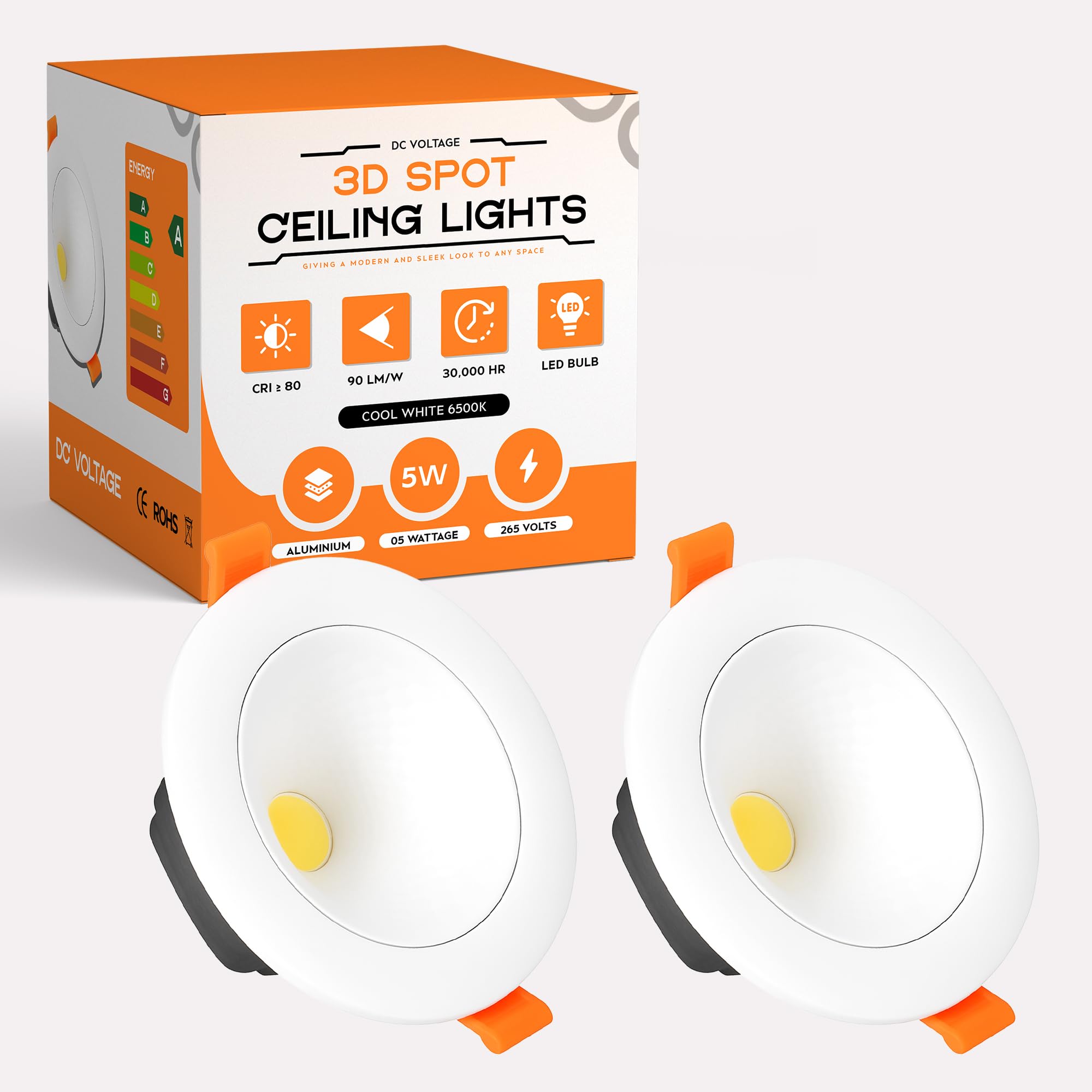 DC VOLTAGE 2Pack Ultra-Slim LED Ceiling Spot Light Downlight 5W Recessed Lights 900LM Dimmable IP44 Waterproof Round Cool White Spotlights for Kitchen Lights 70–80 mm Cut Out
