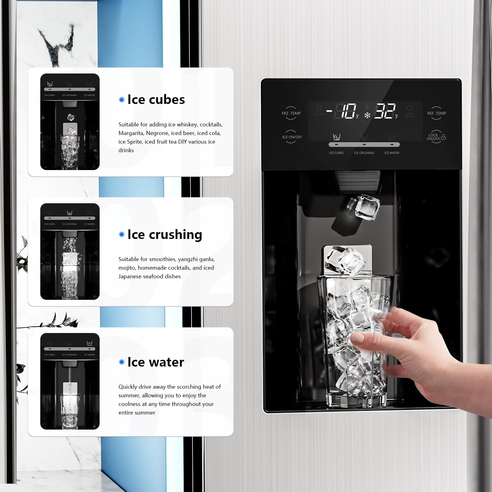 Antarctic Star 20 Cu.Ft French Door Refrigerator, Stainless Steel Fridge With Side Freezer & Water Dispenser, Nugget And Cube Ice Maker, Adjustable Thermostat on Fridge.com - View 3
