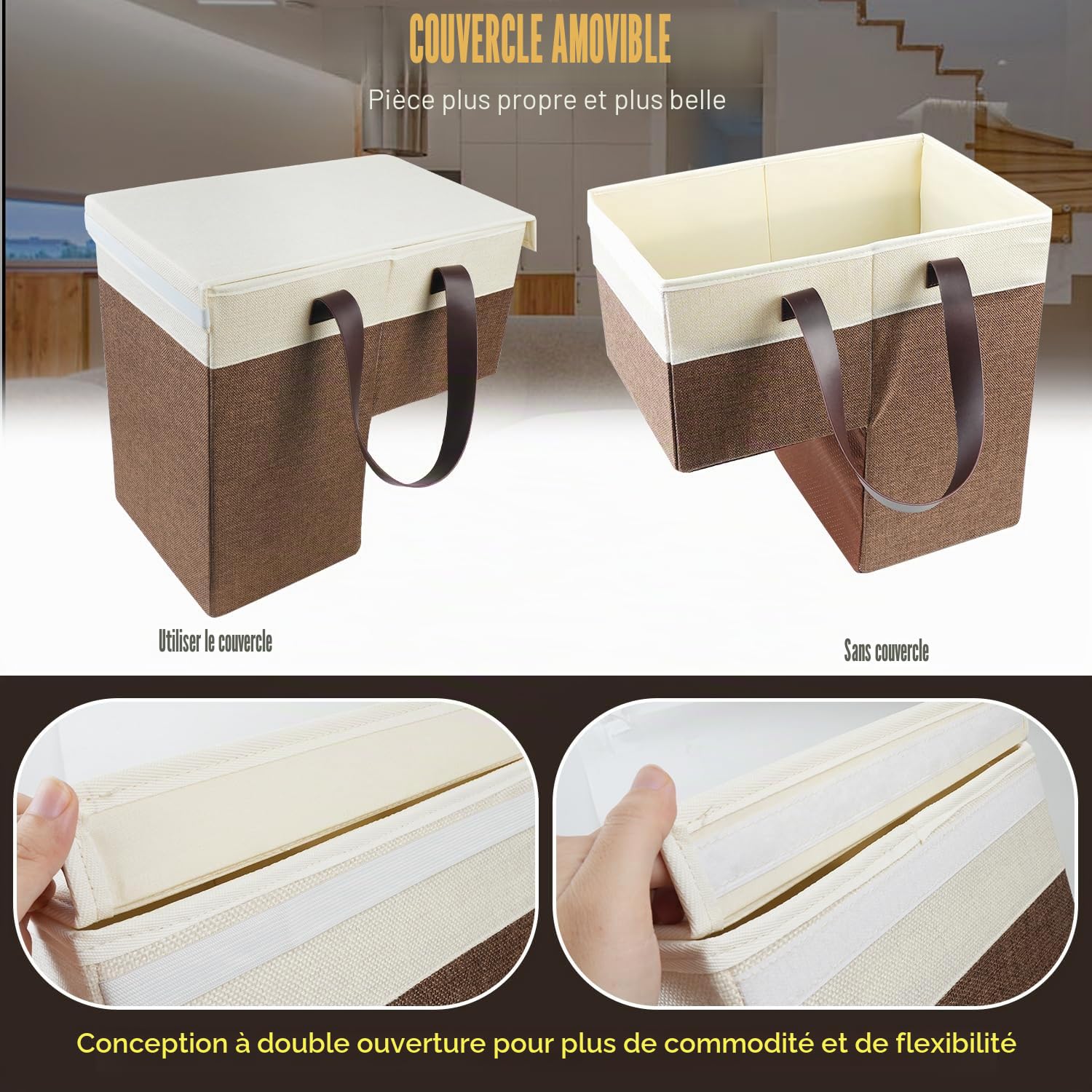 Panier pliable en lin avec poignée et couvercle, sac d'escalier, panier à linge, peu encombrant, en feutre, organisateur pour linge, jouets (marron)