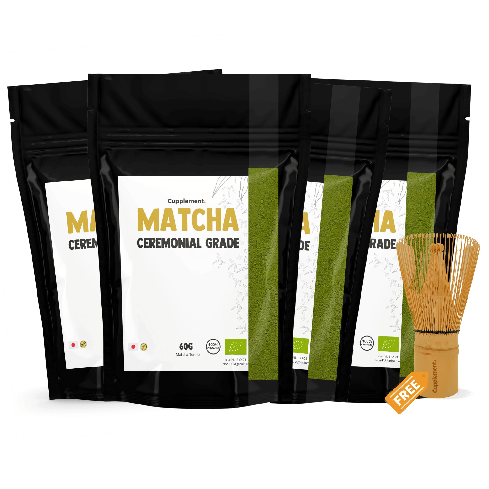 Cupplement 240 Gramm Zeremonial Grade Matcha Bio Kostenloser Bambusbesen & Schneebesen - Höchste Qualität Grüner - Starter Set - Latte - Japan - Pulver - Tee - Whisk - Beutel - Smoothies - Ceremonial