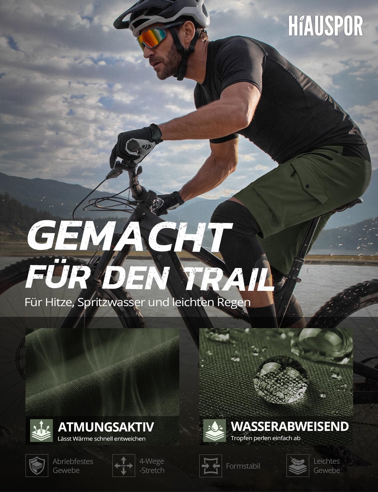 Hiauspor Pantalones Cortos de Ciclismo de montaña para Hombre, de Secado rápido, con Bolsillos con Cremallera MTB Trekking (Multi-Verde, L)