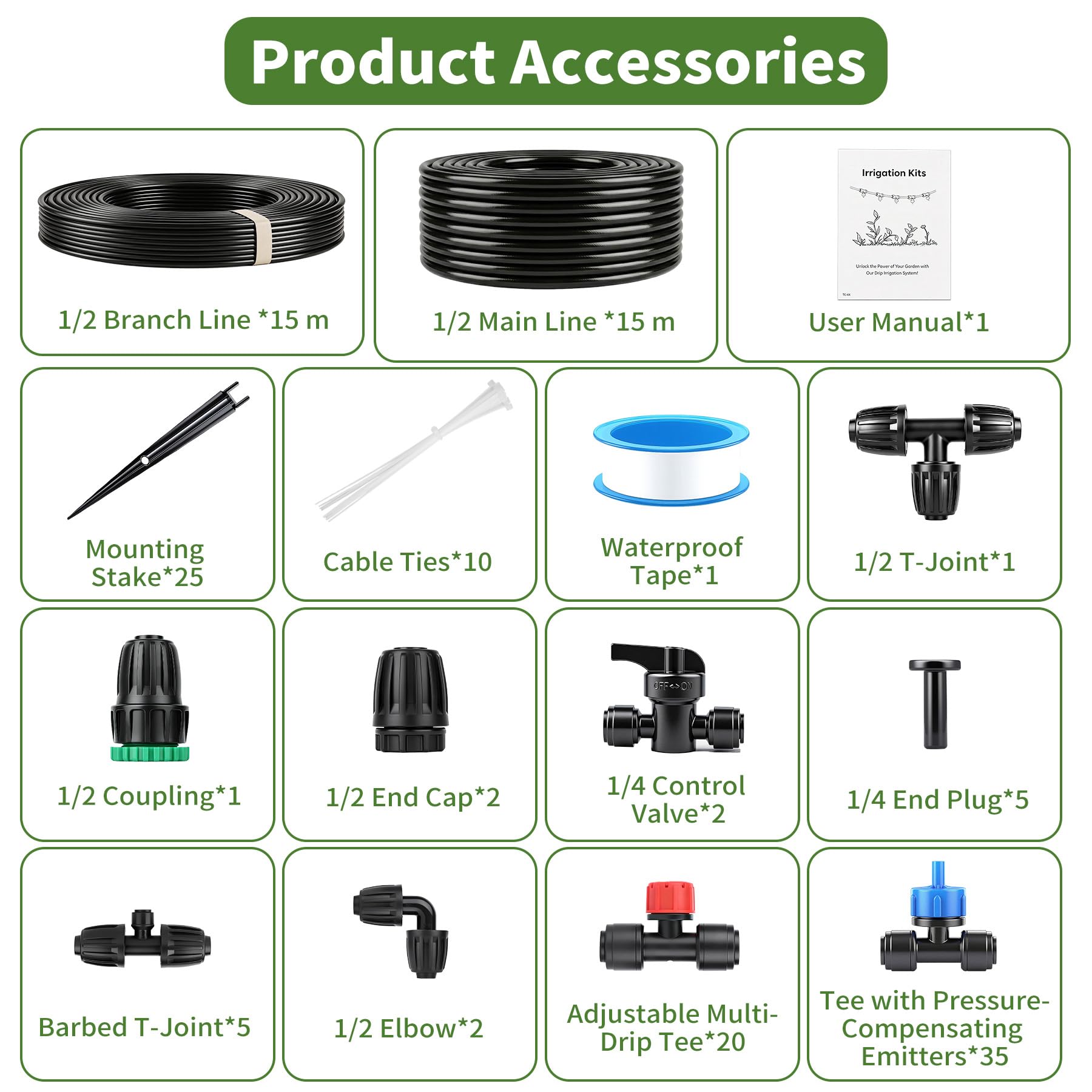 Kit de Riego por Goteo 101 Piezas con Compensación de Presión, Tubos 15m PVC+PE+PP, 4 Modos, para Jardín Huerto Serre