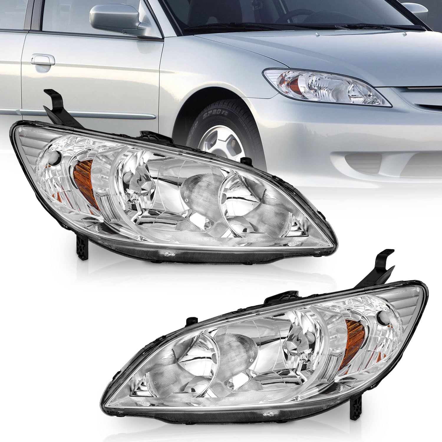 for 2004-2005 Honda Civic 2/4Door Headlights Assembly Replacement Pair Headlamp Replacement Chrome Housing Amber Reflector Left+Right Side