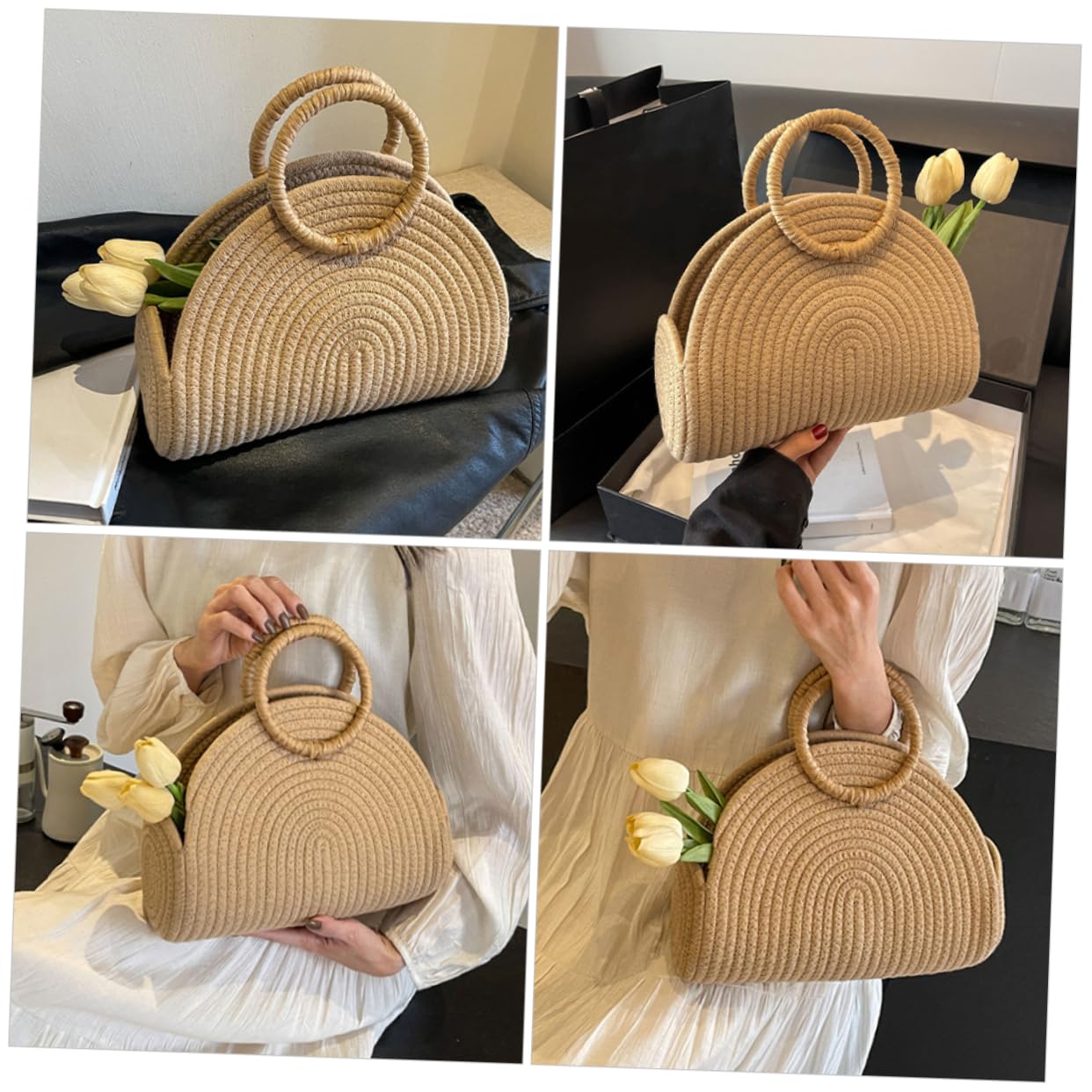 VANZACK Borsa e Design Delicato Intrecciata Grande Capacità in Corda di Cotone Struttura Rustica e Spiaggia