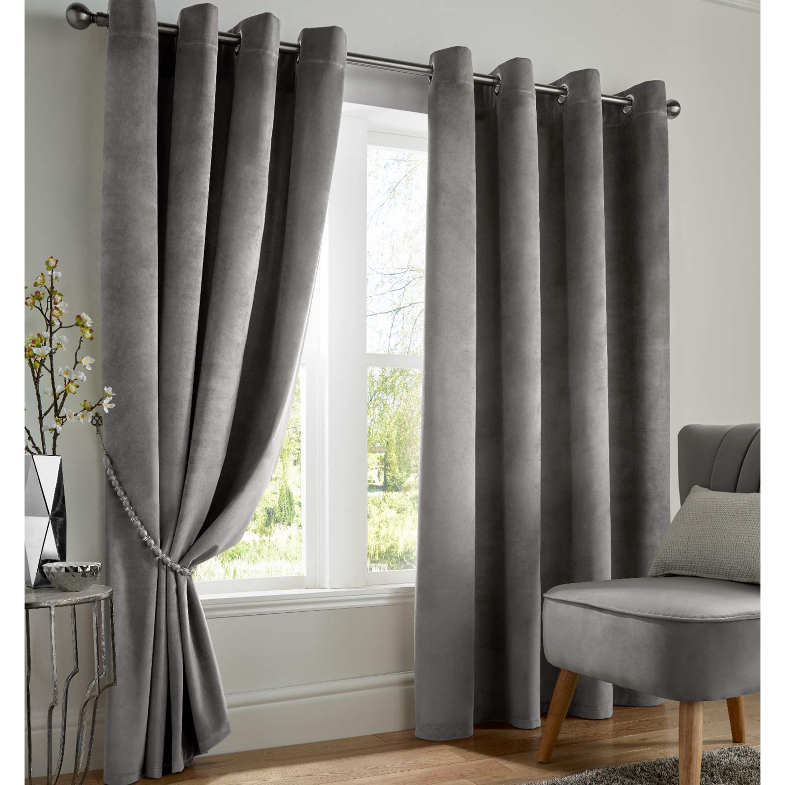 Alan Symonds Silver Velvet Blackout Ring Top Eyelet Thermally Efficient Curtains - (46" X 72" (117X183cm))