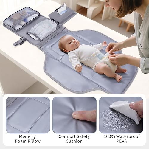 Miniatura 6 de CEICEI Cambiador de pañales portátil, cambiador de pañales grande impermeable con bolsillos para toallitas, cambiador de pañales de viaje plegable y