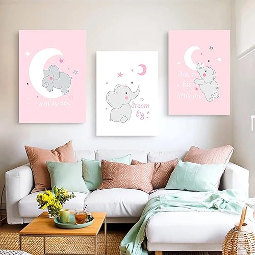 Miniatura 4 de Póster de elefante lindo con luna e impresión rosa para cuarto de bebé, pintura en lienzo de dibujos animados nórdicos, decoración de dormitorio de