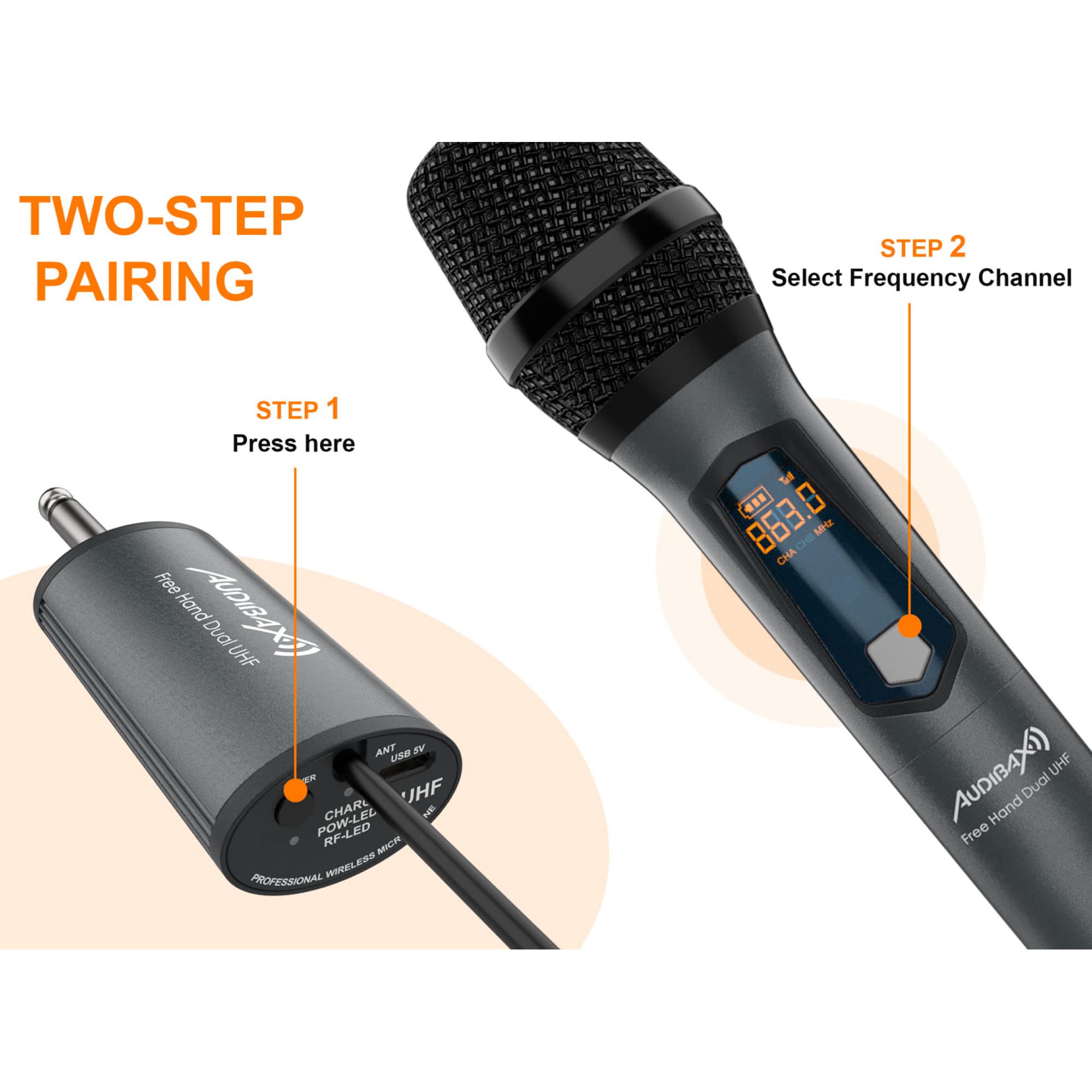 Audibax Missouri Free Hand Dual UHF - Sistema Microfonico Dinamico - Microfono Wireless con Trasmissione Segnale RF - Ricevitore con 8 Ore di Autonomia - Ricaricabile con USB Type C