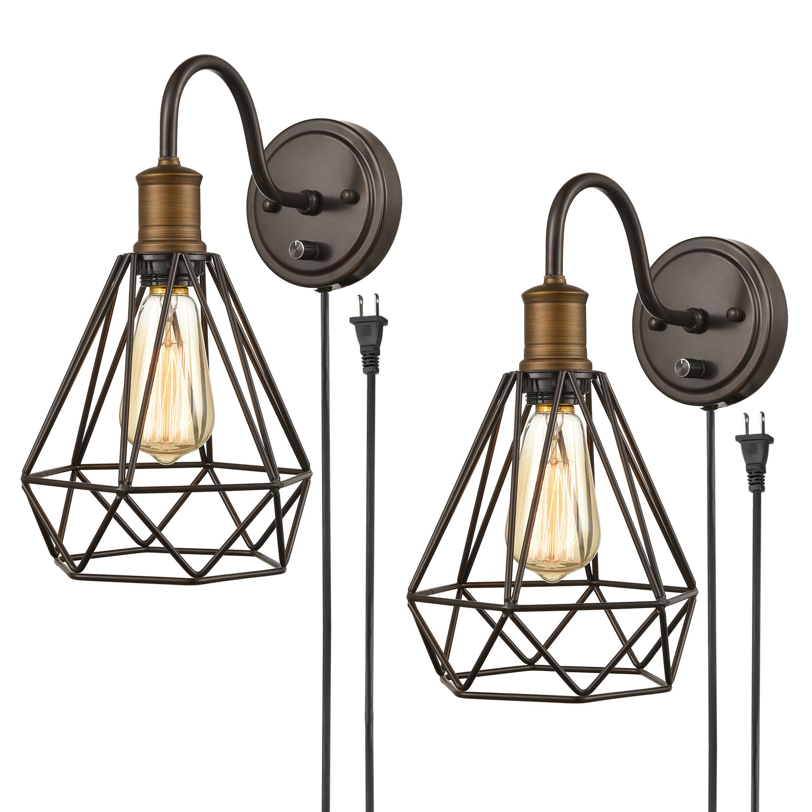 DAYCENT Industrial Plug in Wall Sconces Set of Two Oil Rubbed Bronze Wall Light with On Off Switch Farmhouse Gooseneck Sconces Wall Lighting Polygon Caged Wall Light Fixtures