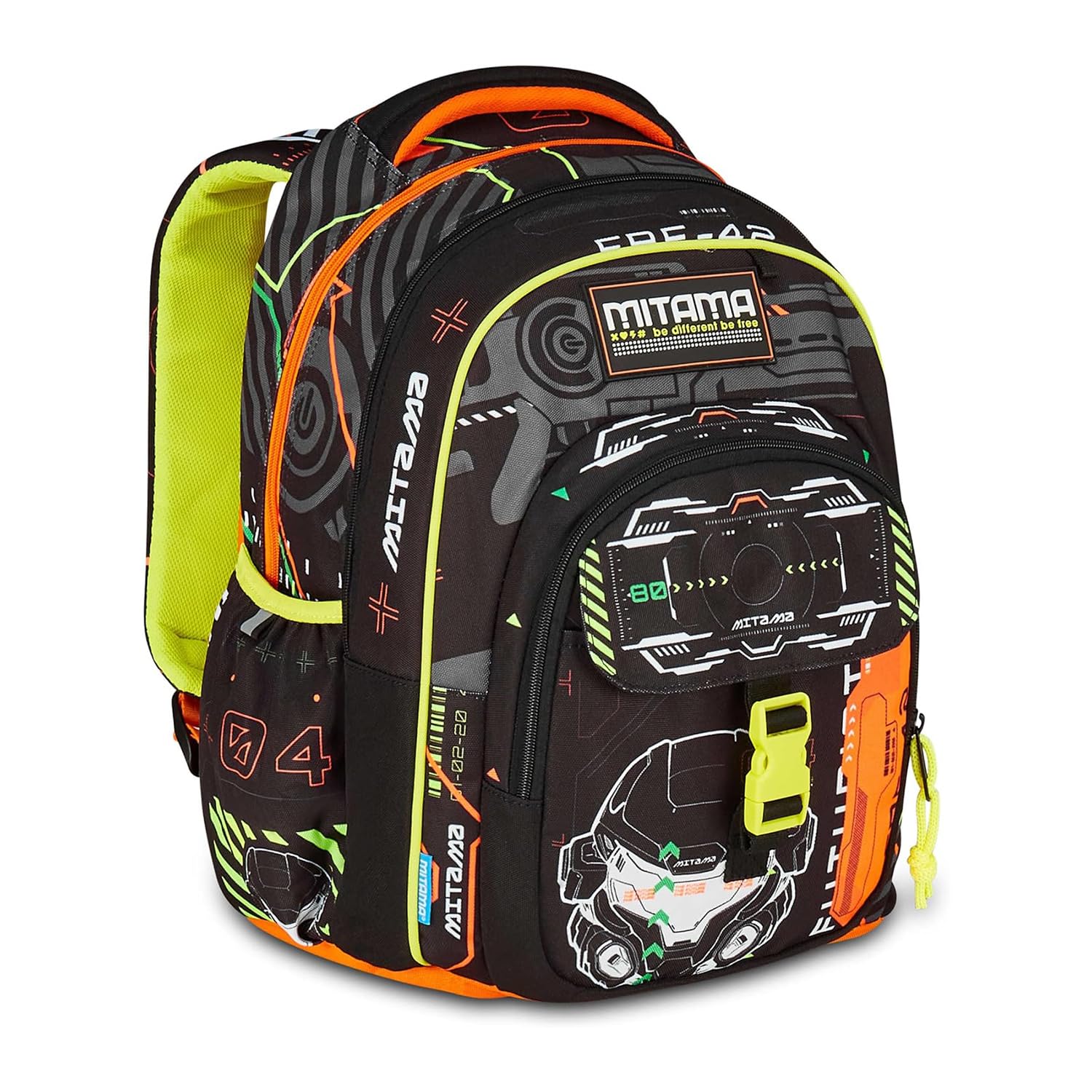 Mitama Zaino Scuola FLUO BATTLE, New Plus, Triplo Scomparto, Tasche Porta Borraccia, Spallacci Ergonomici, Scuola Elementare Bambino, Media