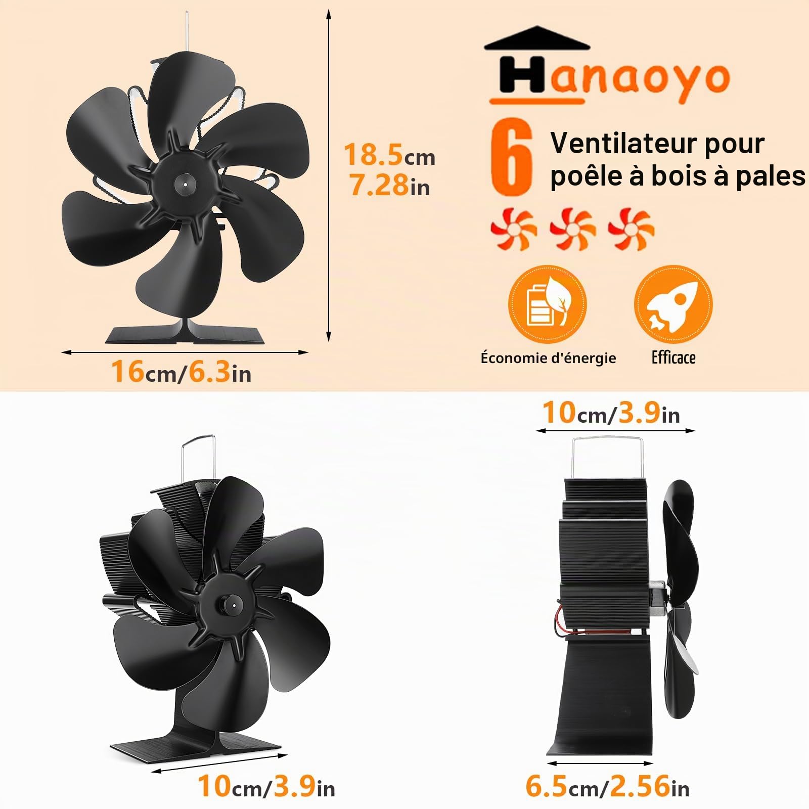 Hanaoyo Ventilateur de poêle à bois à 6 pales, alimenté par la chaleur, ventilateur de poêle à bois, fonctionnement silencieux, ventilateur de poêle pour poêle à bois, cheminée