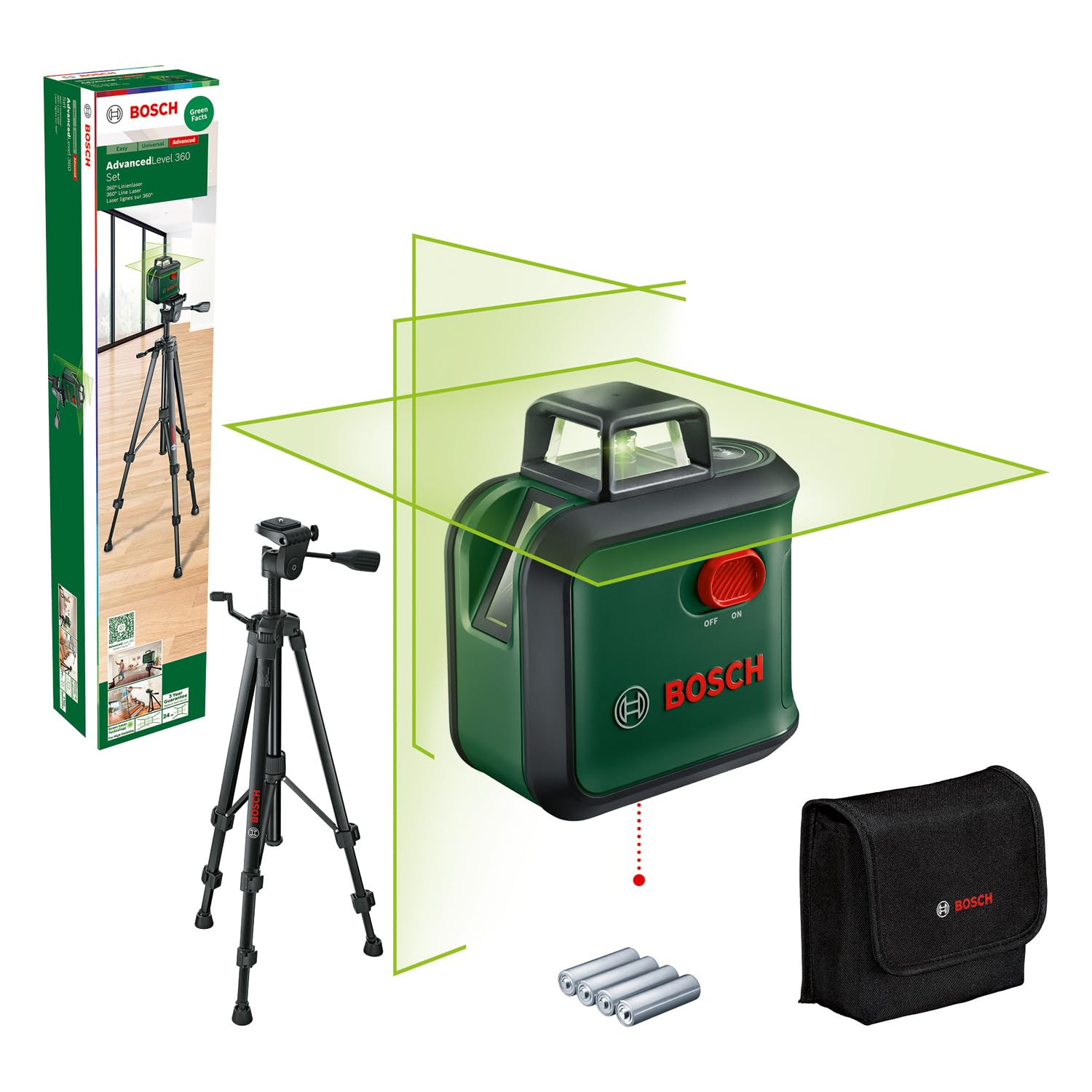 Bosch Nivel Láser de líneas cruzadas AdvancedLevel 360 con trípode (3 líneas de láser, incl. 360° para la alineación por toda la estancia, en caja de cartón)