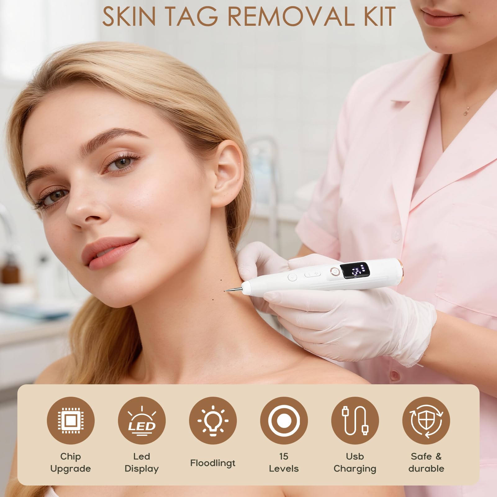 Sicura e Penna Al Plasma,Rimuove Voglie Verrucheskin Tag Remover con 15 Livelli Regolabili e Luce Led, Penna Al Plasma Ricaricabile Tramite Usb per Nei, Verruche, Lentiggini, Macchie Scure
