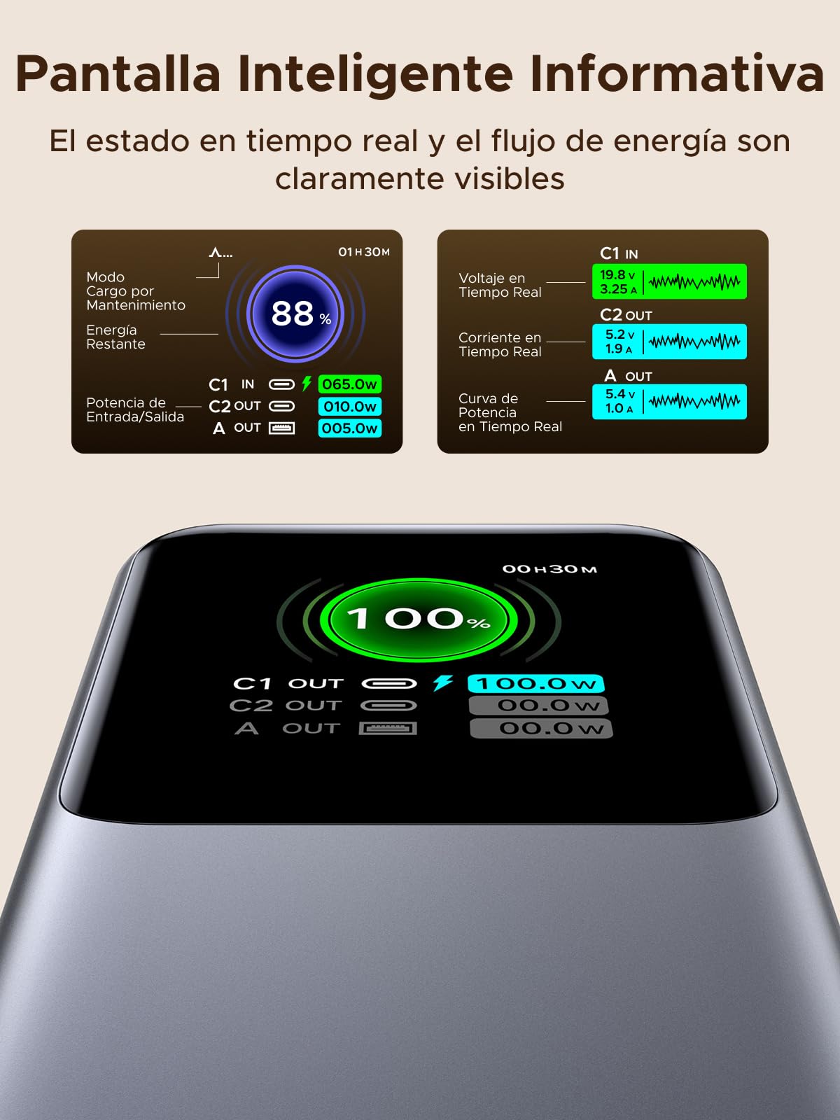 UGREEN Nexode Pro 165W Power Bank 20000mAh Batería Externa USB C PD 100W | Carga Rápida, 3 EN 1, Cable Rétractable, 2 Puertos 1C1A, Pantalla TFT, Cargador PC, Compatible con iPhone 17 16 15 Galaxy S26