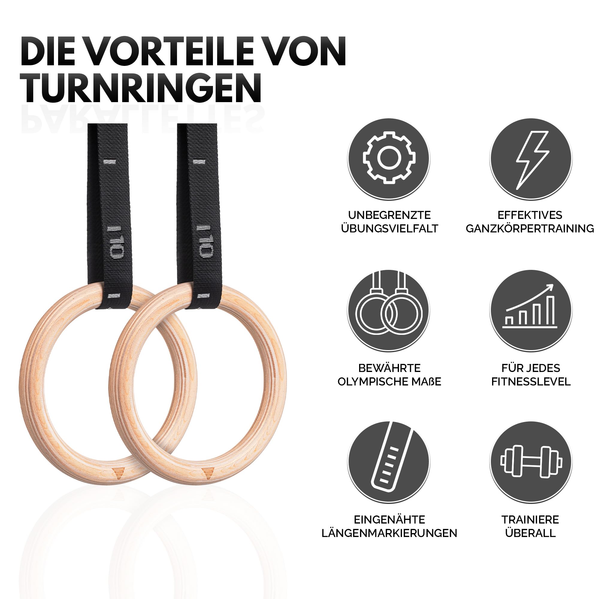 GORNATION Turnringe Holz, Gym Rings, Calisthenics Ringe, Turnen, Fitness, Olympische Gymnastikringe + Befestigungsgurte mit Markierungen & Tasche für Indoor & Outdoor Training