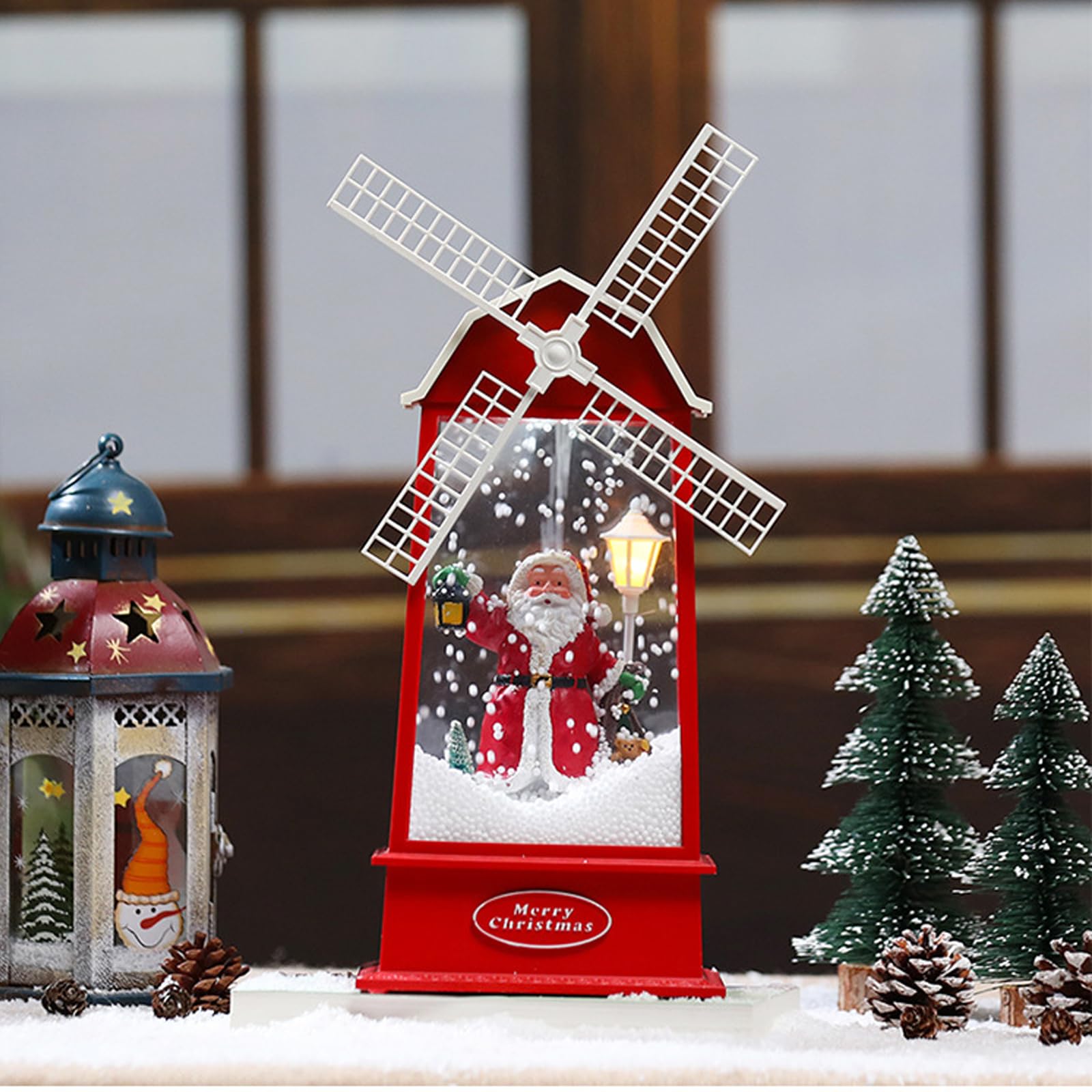 Christmas Snow Globe Lantern Musical Box with Light, 8 Music Songs,USB Powered Light 6H Timer,LED Snowman Lantern Light Up，Party Tabletop Desk Tree Ornament Christmas New Year Gift (windmill)