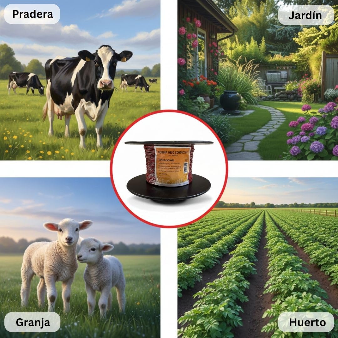 Llampec Hilo Pastor Eléctrico 500 m x 1,75 mm – 6 Conductores Acero Inoxidable – Alta Conductividad y Trenzado Exterior Eficaz – Cable Valla Eléctrica para Caballos, Vacas y Perros – Bobina Pastor