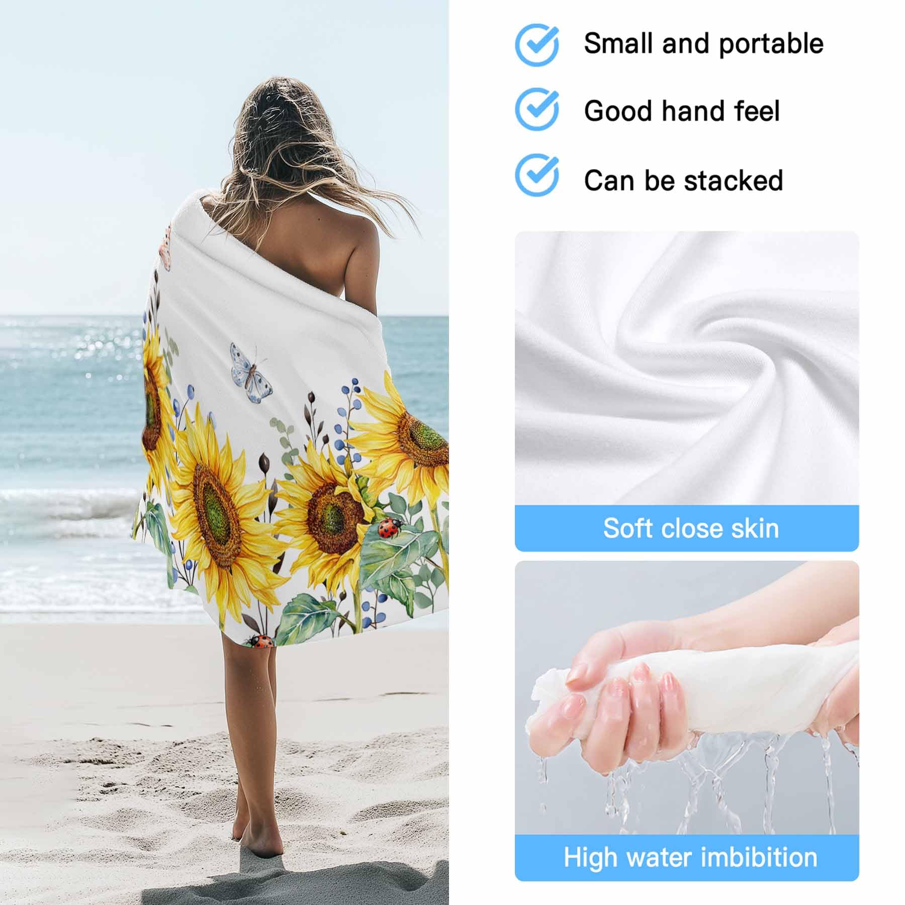 Sunflowers Bees Gnomes Beach Towel - 30"x60", Super Absorbent & Quick Dry, Lightweight For Yoga Travel - View #6