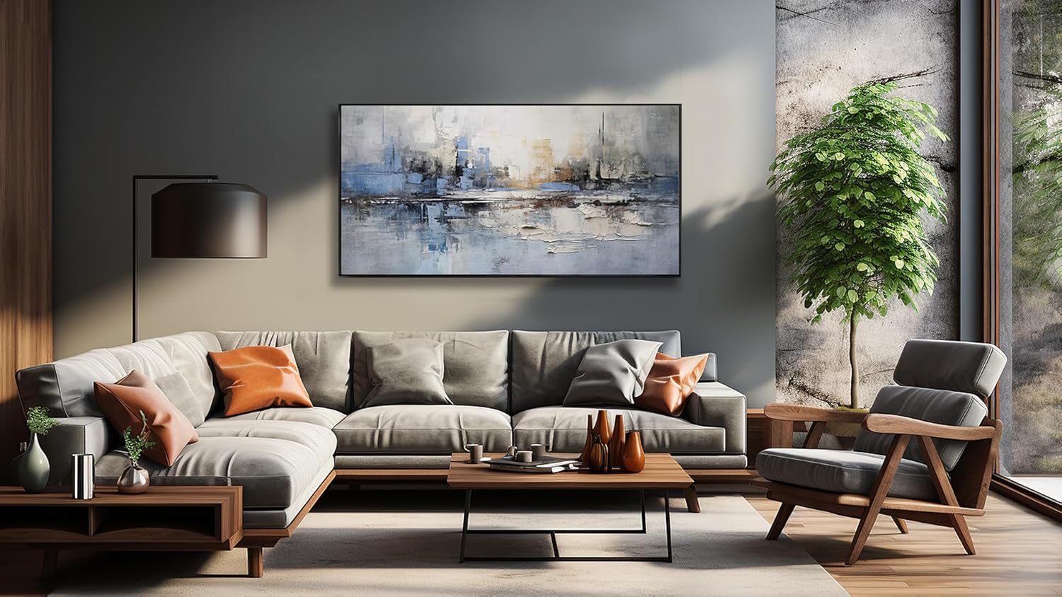 Abstract Wall Art Blue and White Reflection Large Size Framed Artwork Wall Decor Canvas Painting Stretched Canvas Wooden for Living Room Bedroom Office Home Decor Frame ready for hanging 31"x70"