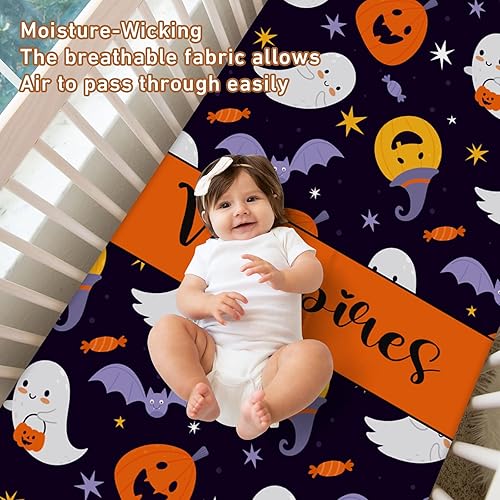 Miniatura 7 de Sábana bajera personalizada para cuna con nombre, 2 piezas para cuna, diseño de Halloween, para bebés, niños y niñas, mini sábana de cuna para bebé,