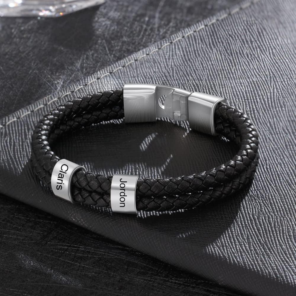 Miniatura 3 de Pulseras de cuero personalizadas para hombre, pulsera con nombre para papá, grabado gratuito, cuentas de nombre de familia, pulseras de
