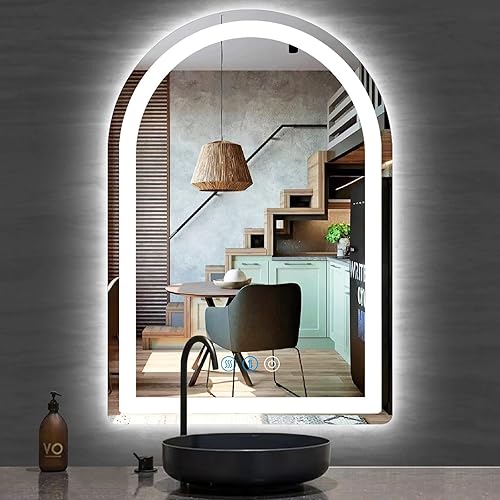 Espejo de arco LED con luces de 16 x 24 pulgadas, espejo arqueado iluminado para baño, mesa de maquillaje, pared, espejo de tocador con luz