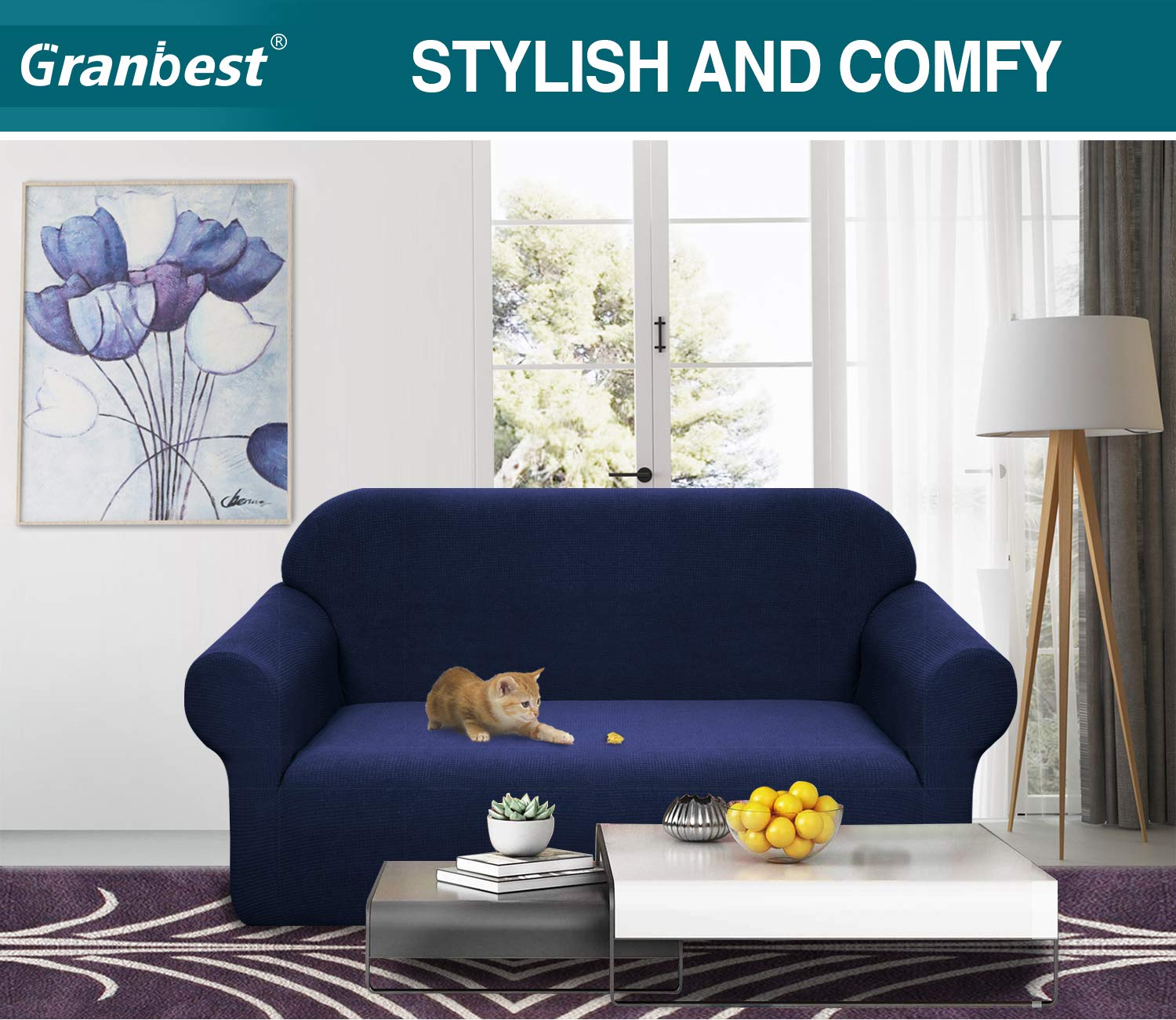 Granbest Premuim Water Repellent Sofa Covers 2 Seater 1 Piece Stretch Loveseat Sofa Covers Non Slip Love Seat Covers for Living Room Jacquard Spandex Furniture Protector (2 Seater - Image 2