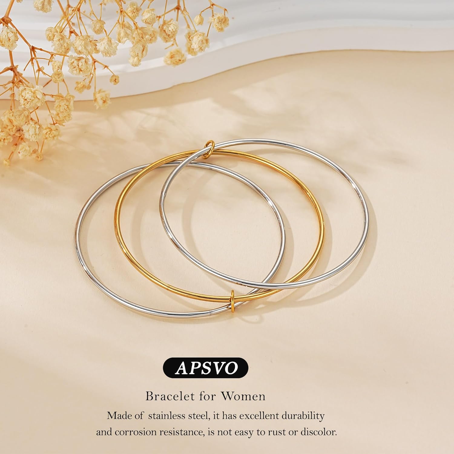 Apsvo Bangles Bracelets for Women, 14k Gold Plated and Silver Bracelet Handmade Triple Layer Stacking Gold Bangle Jewelry Gifts for Women - Image 3