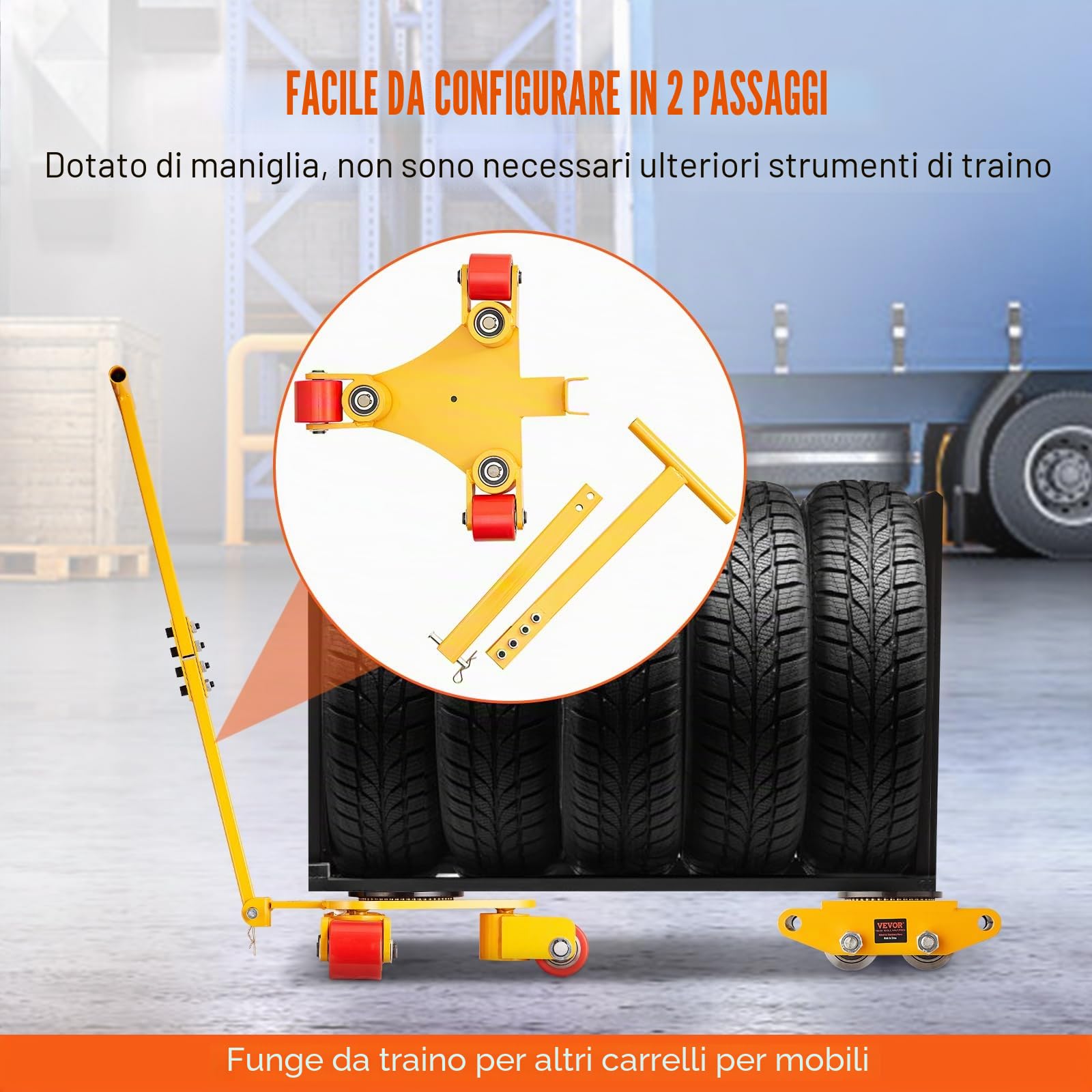 VEVOR Pattini a Rotelle per Trasporto di Carichi Pesanti Capacità Carico Max. 3 Tonnellate, Pattini in Acciaio al Carbonio Piattaforma Antiscivolo Rotazione da 360° con Maniglia da Magazzino Officina