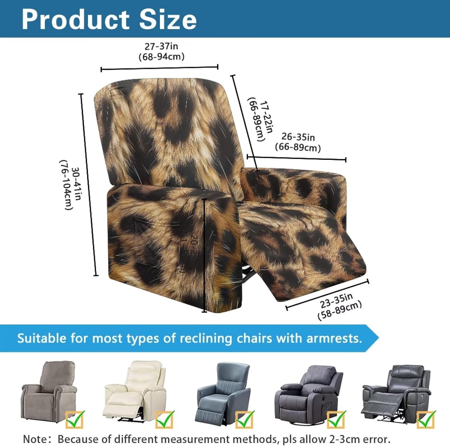 FOR U DESIGNS Brown Leopard Machine Washable Recliner Chair Cover 4-Piece Stay in Place with Storage Pocket Soft Stretch Fits Small Recliners Pet Hair Resistant