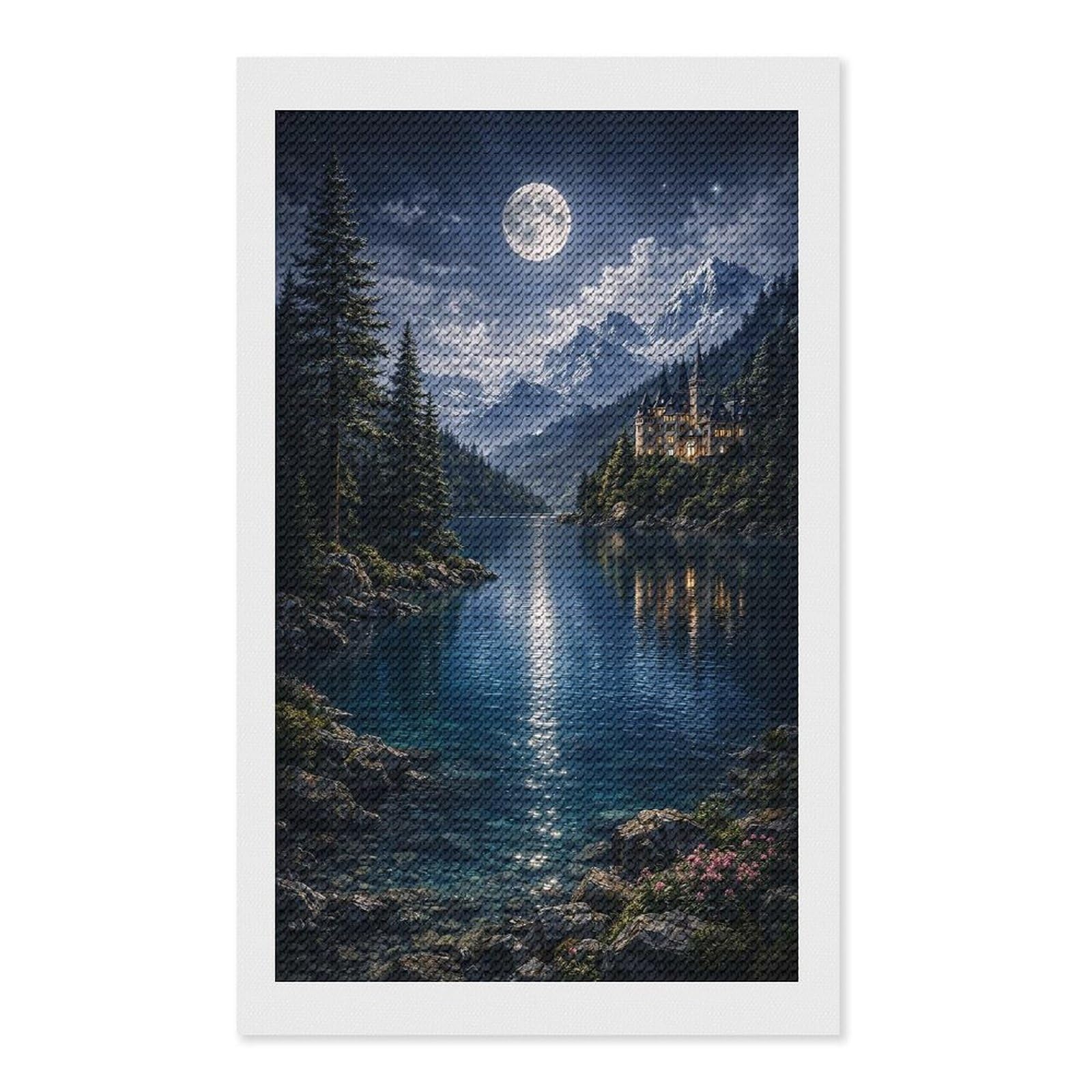 Junmoney Enchanted Castle by Moonlit Lake Diamond Painting Kit 12"x20", Easy Handmade Project, Cosy Home Accent, for Craft Lovers, Holiday Gift Idea