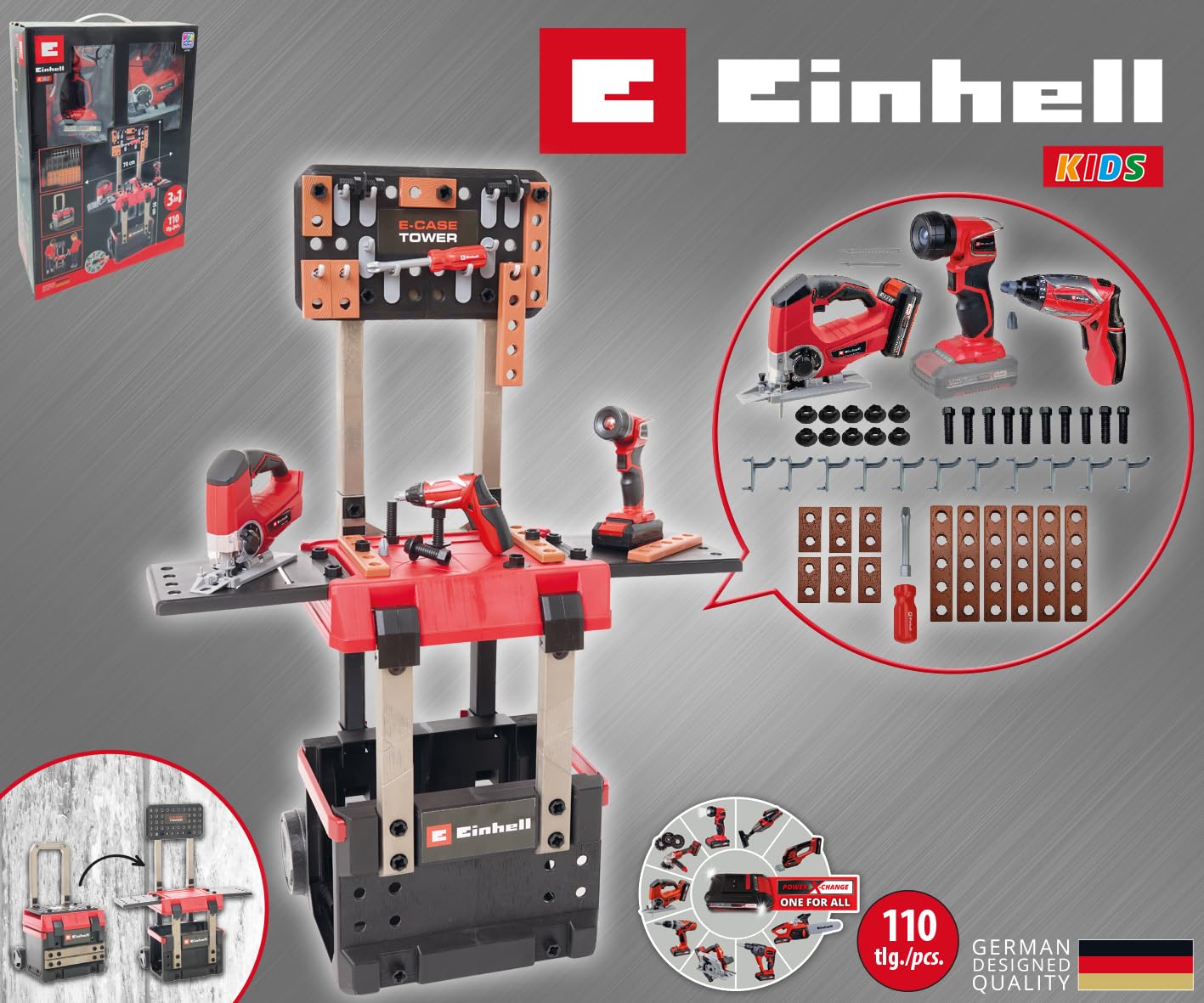 Einhell E-Case Werkbank 110-tlg., inkl. Mini-Schrauber, Stichsäge, Akku-Lampe und reichlich Zubehör, Größe ca. 70x33,5x95 (H) cm, Die erste transportfähige und mitwachsende Werkbank für Kinder. 3 Spie